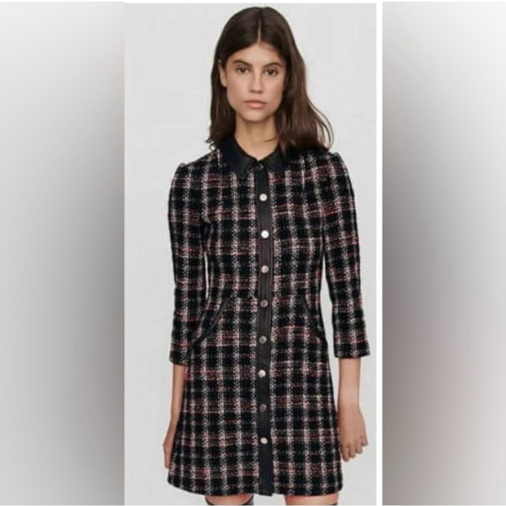 Maje Black and Pink Tweed Midi Dress